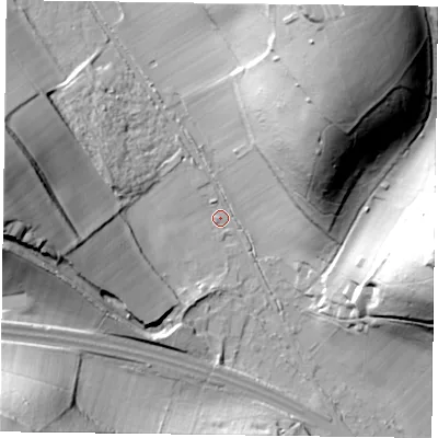 Shaded relief map of the ground around RG96AH, computed from Environment Agency LiDAR. The ground here sits at about 52 m above sea level and falls 75 m across the surrounding 800 m. Surface water reaching this point runs off ground lying to the north-north-east, 65.6 m higher.