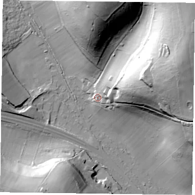 Shaded relief map of the ground around RG96AN, computed from Environment Agency LiDAR. The ground here sits at about 57 m above sea level and falls 72 m across the surrounding 800 m. Surface water reaching this point runs off ground lying to the east-north-east, 43.5 m higher.