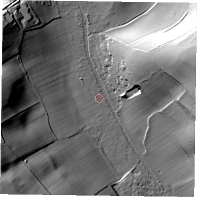 Shaded relief map of the ground around RG96AP, computed from Environment Agency LiDAR. The ground here sits at about 57 m above sea level and falls 73 m across the surrounding 800 m. Surface water reaching this point runs off ground lying to the east-north-east, 65.1 m higher.