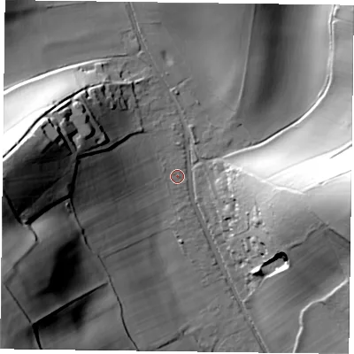 Shaded relief map of the ground around RG96AT, computed from Environment Agency LiDAR. The ground here sits at about 59 m above sea level and falls 71 m across the surrounding 800 m. Surface water reaching this point runs off ground lying to the east, 52.7 m higher.