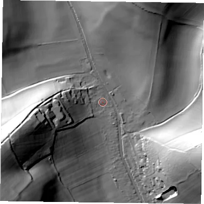 Shaded relief map of the ground around RG96AU, computed from Environment Agency LiDAR. The ground here sits at about 61 m above sea level and falls 67 m across the surrounding 800 m. Surface water reaching this point runs off ground lying to the west-south-west, 28.0 m higher.