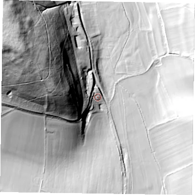Shaded relief map of the ground around RG96RL, computed from Environment Agency LiDAR. The ground here sits at about 45 m above sea level and falls 83 m across the surrounding 800 m. Surface water reaching this point runs off ground lying to the west-north-west, 61.0 m higher.