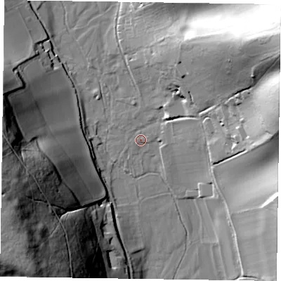 Shaded relief map of the ground around RG96RP, computed from Environment Agency LiDAR. The ground here sits at about 45 m above sea level and falls 77 m across the surrounding 800 m. Surface water reaching this point runs off ground lying to the north-east, 63.9 m higher.