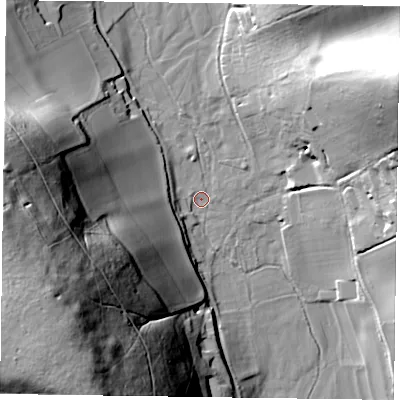 Shaded relief map of the ground around RG96RT, computed from Environment Agency LiDAR. The ground here sits at about 45 m above sea level and falls 77 m across the surrounding 800 m. Surface water reaching this point runs off ground lying to the west-south-west, 72.9 m higher.