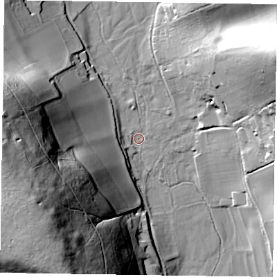 Shaded relief map of the ground around RG96RU, computed from Environment Agency LiDAR. The ground here sits at about 44 m above sea level and falls 77 m across the surrounding 800 m. Surface water reaching this point runs off ground lying to the west, 72.9 m higher.
