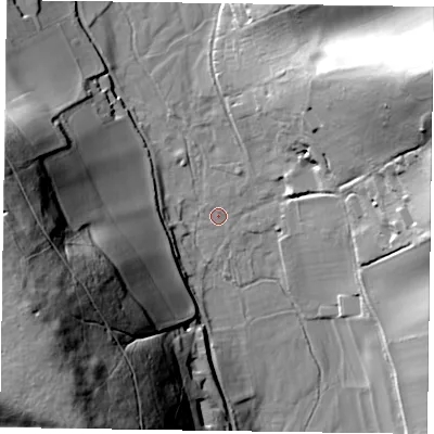 Shaded relief map of the ground around RG96RX, computed from Environment Agency LiDAR. The ground here sits at about 45 m above sea level and falls 77 m across the surrounding 800 m. Surface water reaching this point runs off ground lying to the north-north-east, 1.1 m higher.