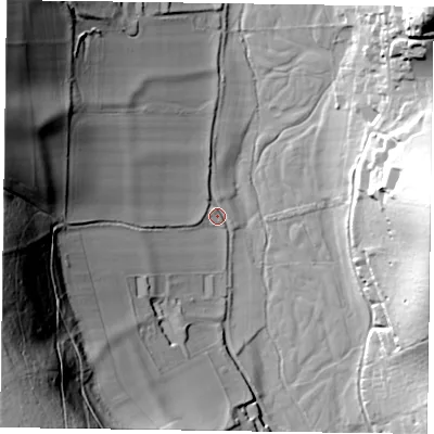 Shaded relief map of the ground around RG96RY, computed from Environment Agency LiDAR. The ground here sits at about 52 m above sea level and falls 77 m across the surrounding 800 m. Surface water reaching this point runs off ground lying to the west, 53.5 m higher.
