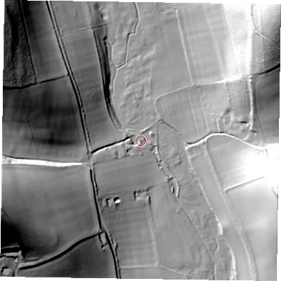 Shaded relief map of the ground around RG96SX, computed from Environment Agency LiDAR. The ground here sits at about 60 m above sea level and falls 66 m across the surrounding 800 m. Surface water reaching this point runs off ground lying to the west-north-west, 53.7 m higher.