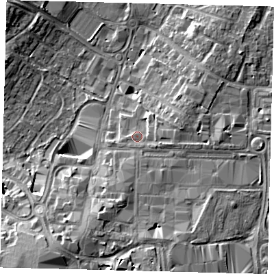 Shaded relief map of the ground around RH100JW, computed from Environment Agency LiDAR. The ground here sits at about 71 m above sea level and falls 12 m across the surrounding 800 m. Surface water reaching this point runs off ground lying to the east-south-east, 2.5 m higher.