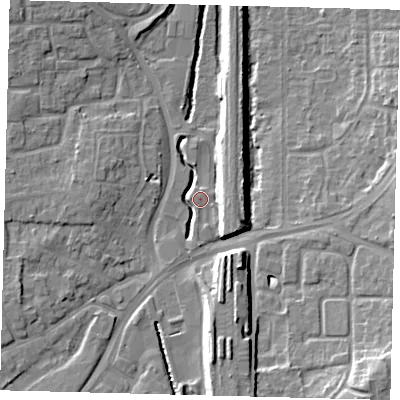 Shaded relief map of the ground around RH101EP, computed from Environment Agency LiDAR. The ground here sits at about 69 m above sea level and falls 12 m across the surrounding 800 m. Surface water reaching this point runs off ground lying to the south-east, 10.7 m higher.