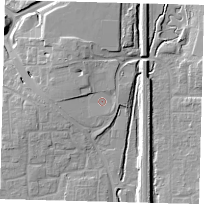 Shaded relief map of the ground around RH101GY, computed from Environment Agency LiDAR. The ground here sits at about 71 m above sea level and falls 11 m across the surrounding 800 m. Surface water reaching this point runs off ground lying to the north-west, 4.0 m higher.