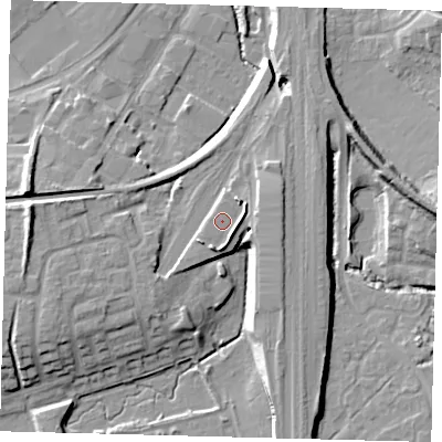 Shaded relief map of the ground around RH101HW, computed from Environment Agency LiDAR. The ground here sits at about 76 m above sea level and falls 13 m across the surrounding 800 m. Surface water reaching this point runs off ground lying to the south-east, 2.7 m higher.