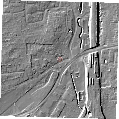 Shaded relief map of the ground around RH101LD, computed from Environment Agency LiDAR. The ground here sits at about 69 m above sea level and falls 11 m across the surrounding 800 m. Surface water reaching this point runs off ground lying to the south-east, 9.4 m higher.