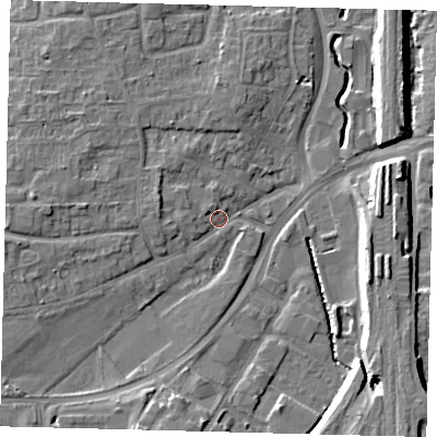 Shaded relief map of the ground around RH101LG, computed from Environment Agency LiDAR. The ground here sits at about 70 m above sea level and falls 11 m across the surrounding 800 m. Surface water reaching this point runs off ground lying to the west-north-west, 3.1 m higher.