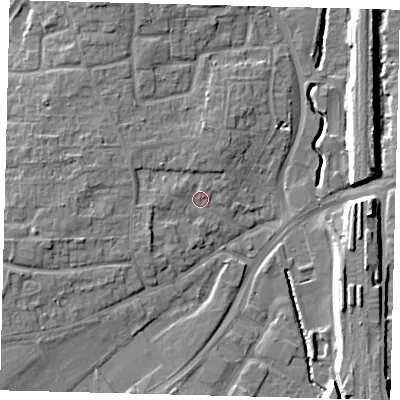 Shaded relief map of the ground around RH101LP, computed from Environment Agency LiDAR. The ground here sits at about 71 m above sea level and falls 11 m across the surrounding 800 m. Surface water reaching this point runs off ground lying to the west, 4.1 m higher.