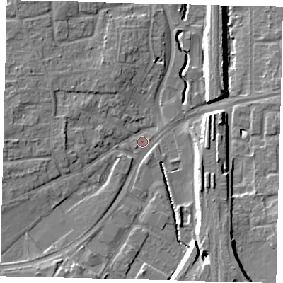 Shaded relief map of the ground around RH101LR, computed from Environment Agency LiDAR. The ground here sits at about 69 m above sea level and falls 11 m across the surrounding 800 m. Surface water reaching this point runs off ground lying to the south-south-east, 9.6 m higher.