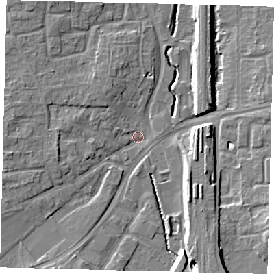 Shaded relief map of the ground around RH101LS, computed from Environment Agency LiDAR. The ground here sits at about 69 m above sea level and falls 11 m across the surrounding 800 m. Surface water reaching this point runs off ground lying to the south-east, 9.4 m higher.