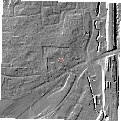 Shaded relief map of the ground around RH101LW, computed from Environment Agency LiDAR. The ground here sits at about 71 m above sea level and falls 11 m across the surrounding 800 m. Surface water reaching this point runs off ground lying to the west, 4.1 m higher.