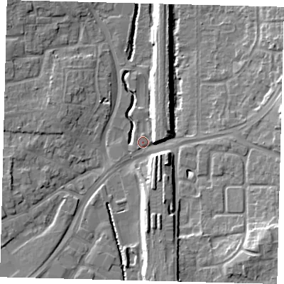 Shaded relief map of the ground around RH101LX, computed from Environment Agency LiDAR. The ground here sits at about 69 m above sea level and falls 12 m across the surrounding 800 m. Surface water reaching this point runs off ground lying to the south-east, 10.5 m higher.