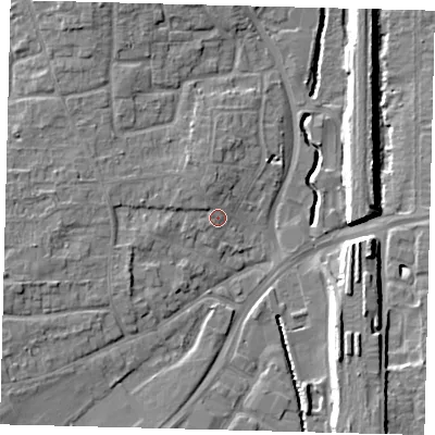 Shaded relief map of the ground around RH101LZ, computed from Environment Agency LiDAR. The ground here sits at about 71 m above sea level and falls 11 m across the surrounding 800 m. Surface water reaching this point runs off ground lying to the north-west, 1.9 m higher.