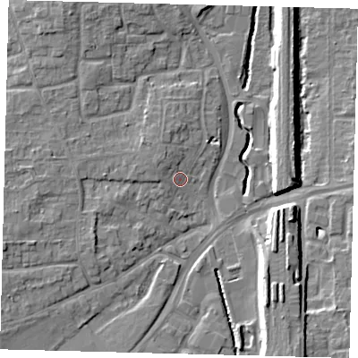 Shaded relief map of the ground around RH101NA, computed from Environment Agency LiDAR. The ground here sits at about 70 m above sea level and falls 11 m across the surrounding 800 m. Surface water reaching this point runs off ground lying to the north-west, 2.6 m higher.