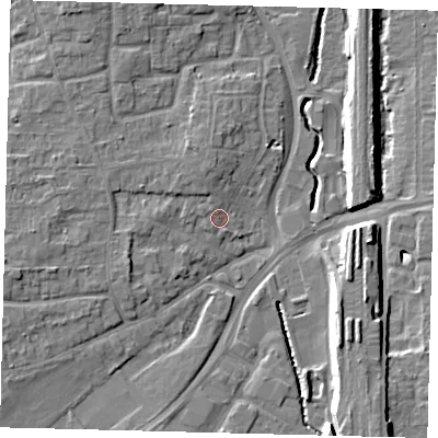 Shaded relief map of the ground around RH101NB, computed from Environment Agency LiDAR. The ground here sits at about 70 m above sea level and falls 11 m across the surrounding 800 m. Surface water reaching this point runs off ground lying to the north-north-west, 2.1 m higher.
