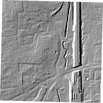 Shaded relief map of the ground around RH101ND, computed from Environment Agency LiDAR. The ground here sits at about 70 m above sea level and falls 11 m across the surrounding 800 m. Surface water reaching this point runs off ground lying to the west-south-west, 2.5 m higher.