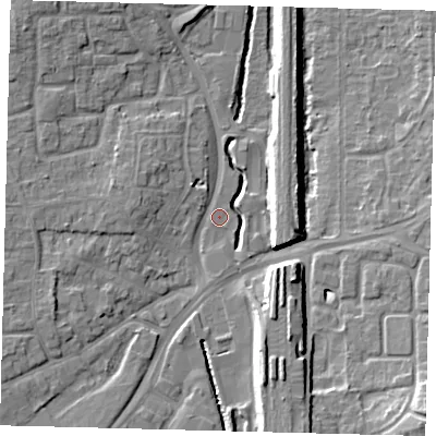 Shaded relief map of the ground around RH101NP, computed from Environment Agency LiDAR. The ground here sits at about 69 m above sea level and falls 12 m across the surrounding 800 m. Surface water reaching this point runs off ground lying to the west-south-west, 4.3 m higher.