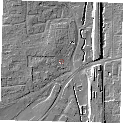 Shaded relief map of the ground around RH101NW, computed from Environment Agency LiDAR. The ground here sits at about 70 m above sea level and falls 11 m across the surrounding 800 m. Surface water reaching this point runs off ground lying to the north-west, 2.8 m higher.