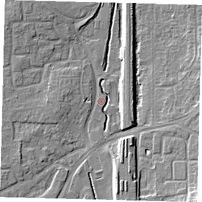 Shaded relief map of the ground around RH101PZ, computed from Environment Agency LiDAR. The ground here sits at about 68 m above sea level and falls 12 m across the surrounding 800 m. Surface water reaching this point runs off ground lying to the west-south-west, 4.7 m higher.