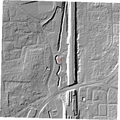 Shaded relief map of the ground around RH101QQ, computed from Environment Agency LiDAR. The ground here sits at about 68 m above sea level and falls 11 m across the surrounding 800 m. Surface water reaching this point runs off ground lying to the south, 10.3 m higher.