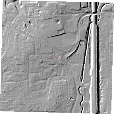 Shaded relief map of the ground around RH101RU, computed from Environment Agency LiDAR. The ground here sits at about 71 m above sea level and falls 11 m across the surrounding 800 m. Surface water reaching this point runs off ground lying to the north-west, 2.8 m higher.