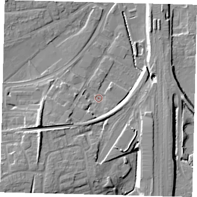 Shaded relief map of the ground around RH101TL, computed from Environment Agency LiDAR. The ground here sits at about 71 m above sea level and falls 14 m across the surrounding 800 m. Surface water reaching this point runs off ground lying to the west-south-west, 8.1 m higher.