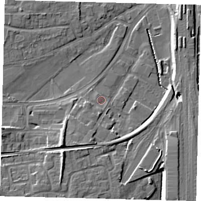 Shaded relief map of the ground around RH101TN, computed from Environment Agency LiDAR. The ground here sits at about 72 m above sea level and falls 15 m across the surrounding 800 m. Surface water reaching this point runs off ground lying to the south-south-west, 4.8 m higher.