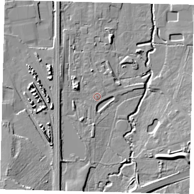 Shaded relief map of the ground around RH102AD, computed from Environment Agency LiDAR. The ground here sits at about 65 m above sea level and falls 15 m across the surrounding 800 m. Surface water reaching this point runs off ground lying to the west-north-west, 5.3 m higher.
