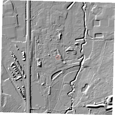 Shaded relief map of the ground around RH102AN, computed from Environment Agency LiDAR. The ground here sits at about 65 m above sea level and falls 14 m across the surrounding 800 m. Surface water reaching this point runs off ground lying to the east-north-east, 2.5 m higher.