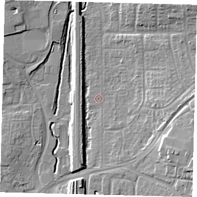 Shaded relief map of the ground around RH103BE, computed from Environment Agency LiDAR. The ground here sits at about 68 m above sea level and falls 14 m across the surrounding 800 m. Surface water reaching this point runs off ground lying to the south-east, 11.8 m higher.