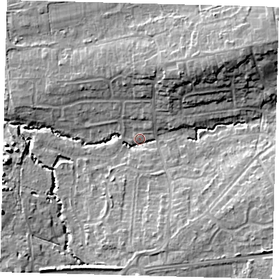 Shaded relief map of the ground around RH103BF, computed from Environment Agency LiDAR. The ground here sits at about 68 m above sea level and falls 15 m across the surrounding 800 m. Surface water reaching this point runs off ground lying to the north-east, 13.3 m higher.