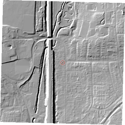 Shaded relief map of the ground around RH103BG, computed from Environment Agency LiDAR. The ground here sits at about 67 m above sea level and falls 13 m across the surrounding 800 m. Surface water reaching this point runs off ground lying to the east-north-east, 10.6 m higher.