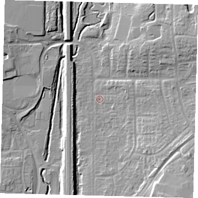 Shaded relief map of the ground around RH103BH, computed from Environment Agency LiDAR. The ground here sits at about 67 m above sea level and falls 14 m across the surrounding 800 m. Surface water reaching this point runs off ground lying to the south-east, 11.5 m higher.