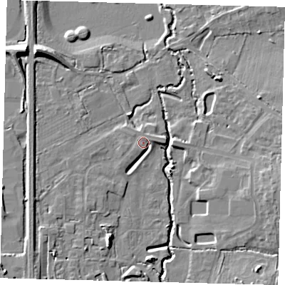 Shaded relief map of the ground around RH103FF, computed from Environment Agency LiDAR. The ground here sits at about 64 m above sea level and falls 10 m across the surrounding 800 m. Surface water reaching this point runs off ground lying to the east-north-east, 2.8 m higher.