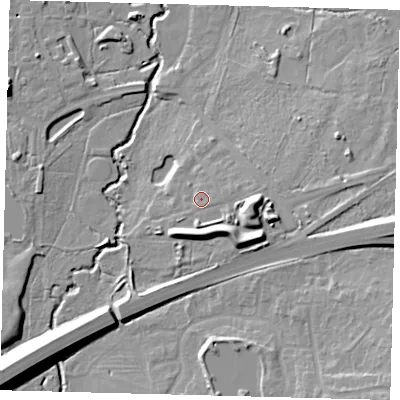 Shaded relief map of the ground around RH103FJ, computed from Environment Agency LiDAR. The ground here sits at about 67 m above sea level and falls 16 m across the surrounding 800 m. Surface water reaching this point runs off ground lying to the east-south-east, 6.8 m higher.