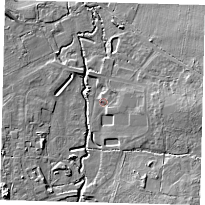 Shaded relief map of the ground around RH103FR, computed from Environment Agency LiDAR. The ground here sits at about 63 m above sea level and falls 10 m across the surrounding 800 m. Surface water reaching this point runs off ground lying to the east, 8.3 m higher.