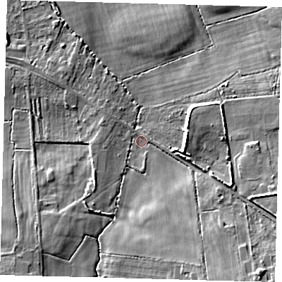 Shaded relief map of the ground around RH103JB, computed from Environment Agency LiDAR. The ground here sits at about 66 m above sea level and falls 14 m across the surrounding 800 m. Surface water reaching this point runs off ground lying to the south-east, 12.0 m higher.