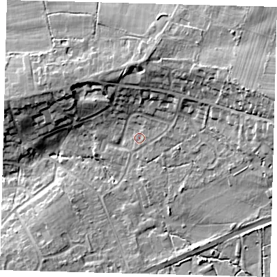 Shaded relief map of the ground around RH103LP, computed from Environment Agency LiDAR. The ground here sits at about 73 m above sea level and falls 18 m across the surrounding 800 m. Surface water reaching this point runs off ground lying to the east-north-east, 1.1 m higher.