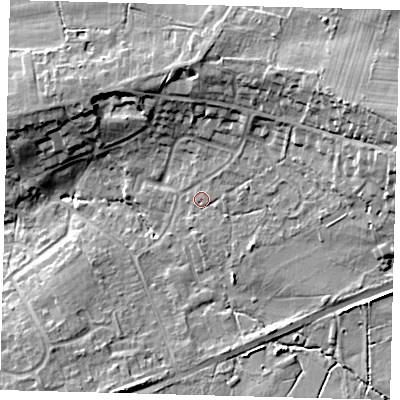 Shaded relief map of the ground around RH103LW, computed from Environment Agency LiDAR. The ground here sits at about 73 m above sea level and falls 19 m across the surrounding 800 m. Surface water reaching this point runs off ground lying to the east-north-east, 14.5 m higher.