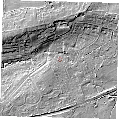 Shaded relief map of the ground around RH103LX, computed from Environment Agency LiDAR. The ground here sits at about 71 m above sea level and falls 17 m across the surrounding 800 m. Surface water reaching this point runs off ground lying to the south, 6.6 m higher.