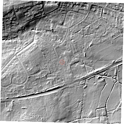 Shaded relief map of the ground around RH103LY, computed from Environment Agency LiDAR. The ground here sits at about 72 m above sea level and falls 18 m across the surrounding 800 m. Surface water reaching this point runs off ground lying to the south-west, 5.3 m higher.