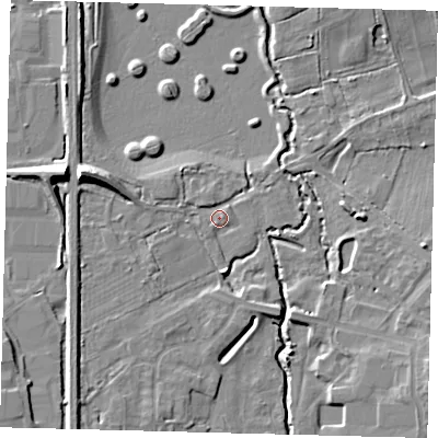 Shaded relief map of the ground around RH103NR, computed from Environment Agency LiDAR. The ground here sits at about 62 m above sea level and falls 11 m across the surrounding 800 m. Surface water reaching this point runs off ground lying to the west-north-west, 8.0 m higher.