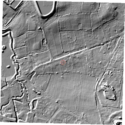 Shaded relief map of the ground around RH103NW, computed from Environment Agency LiDAR. The ground here sits at about 64 m above sea level and falls 18 m across the surrounding 800 m. Surface water reaching this point runs off ground lying to the east-north-east, 1.1 m higher.